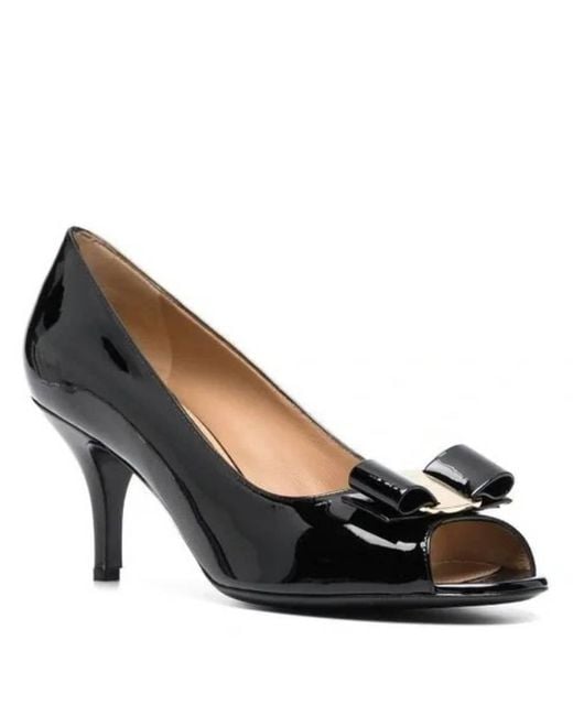 Ferragamo Black Leather Lapua Patent Pumps