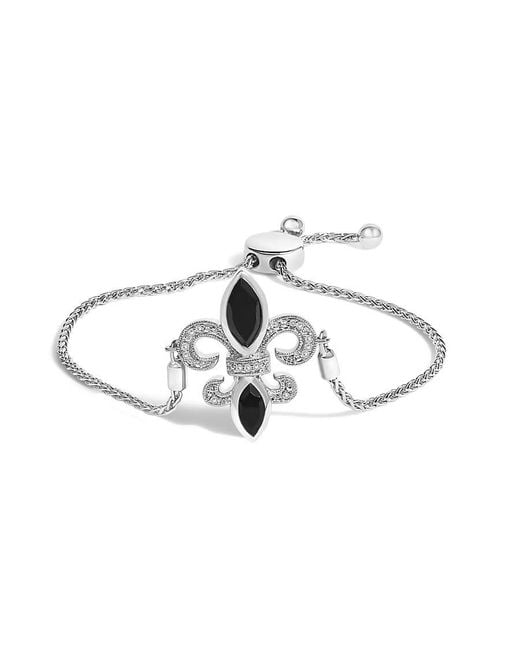 Haus of Brilliance Metallic Sterling Marquise Onyx And Diamond Accent Lariat Fleur De Lis Adjustable Bolo Bracelet