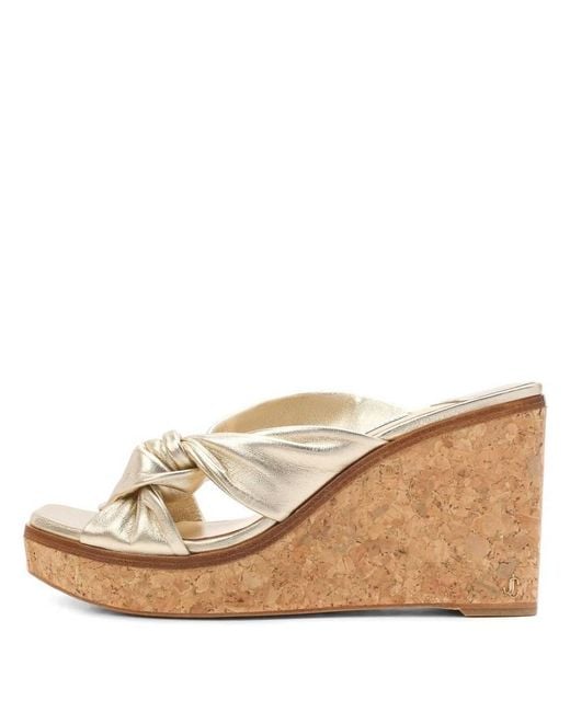 Jimmy Choo Natural Narisa 90 Leather Wedge Sandals, Brand Size 34 Us