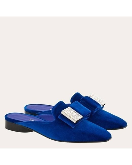 Ferragamo Blue Double-Bow Mule With Crystals