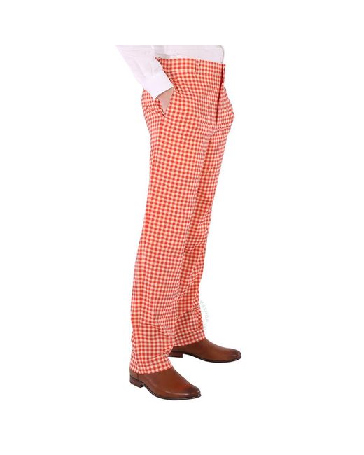 Burberry Red Pattern Cut-out Back Gingham Stretch Cotton Trousers for men