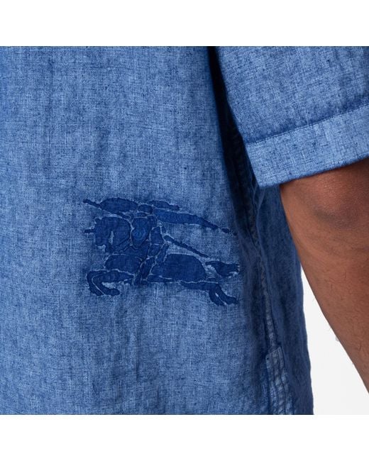 Burberry Blue Short-Sleeved Ekd Logo Linen Shirt for men