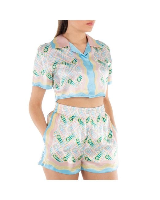 Casablanca Blue Ladies Ping Pong Silk Cropped Shirt