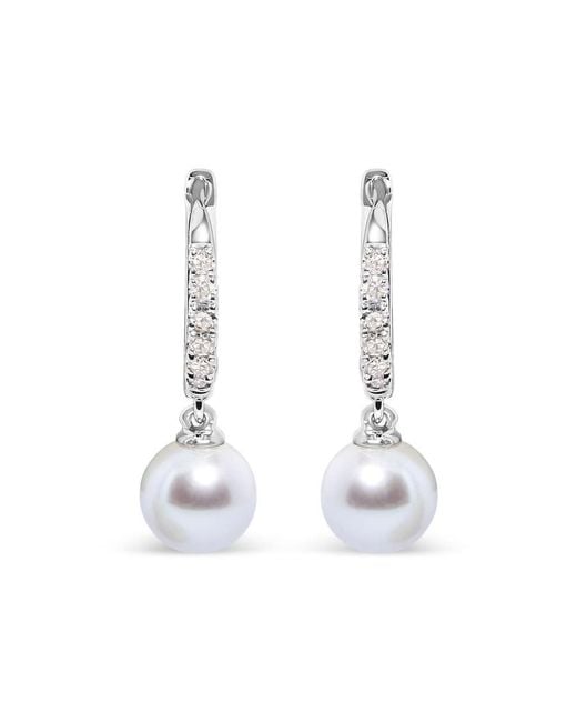 Haus of Brilliance White 10K 6X6 Mm Cultured Freshwater Pearl And Diamond Accent Drop Huggy Earring (H-I Color, I1-I2 Clarity)