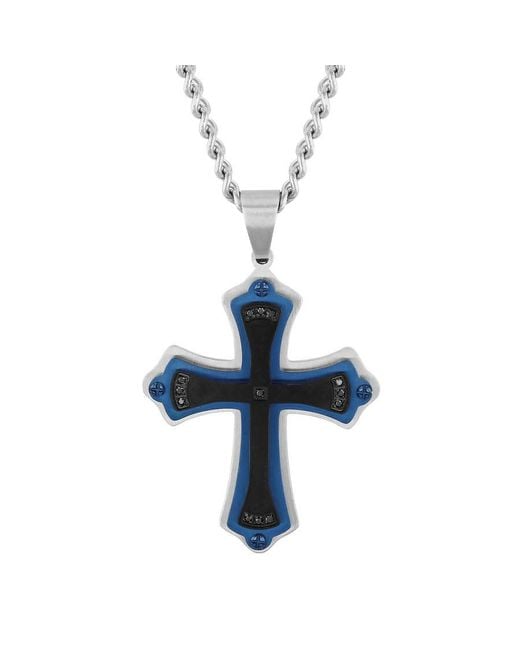 Robert Alton Blue 07Ctw Diamond Stainless Steel With And Finish Cross Pendant for men