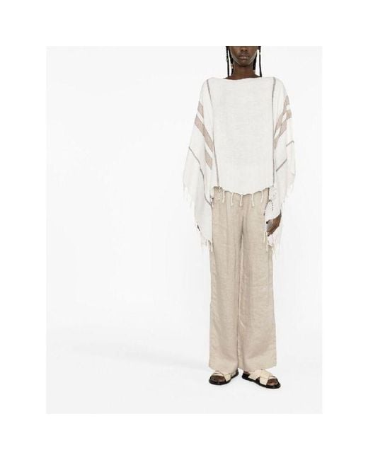 Brunello Cucinelli White Bronze Linen Poncho With Fringe, One Size