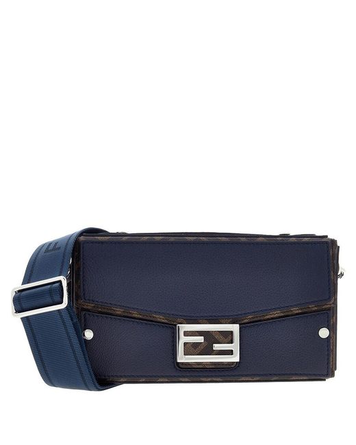 Fendi Blue Soft Trunk Baguette Leather Crossbody Bag for men