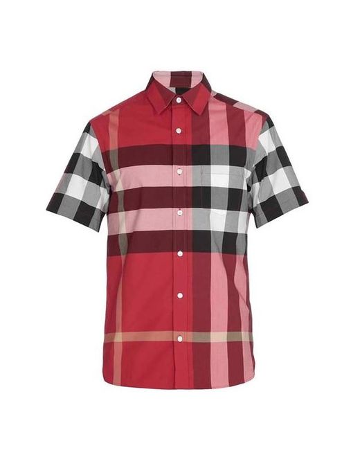 Burberry Red Short-sleeve Check Stretch Cotton Poplin Shirt for men