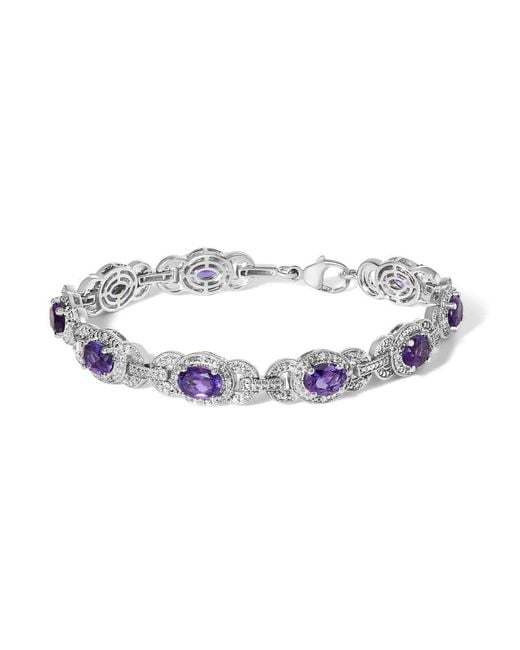 Haus of Brilliance Metallic Sterling Oval Amethyst And Diamond Interlocking Halo Link Bracelet