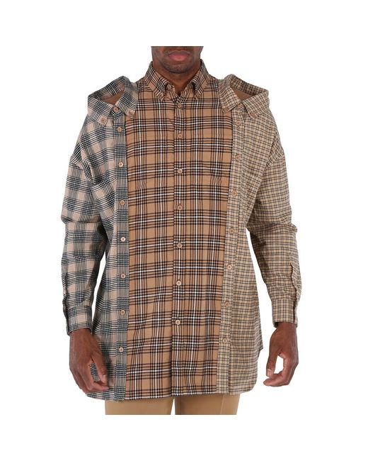 Burberry Brown Camel Check Cotton Flannel Reconstructed Shirt for men