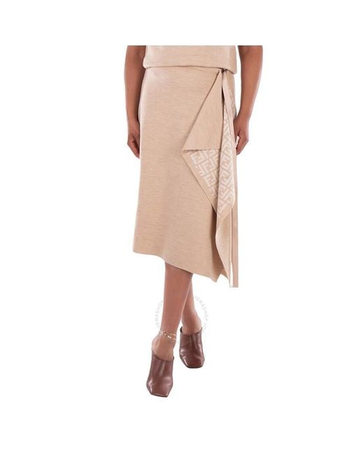Fendi Natural Logo Pattern Midi Drape Wool Skirt, Brand Size 44 (Us