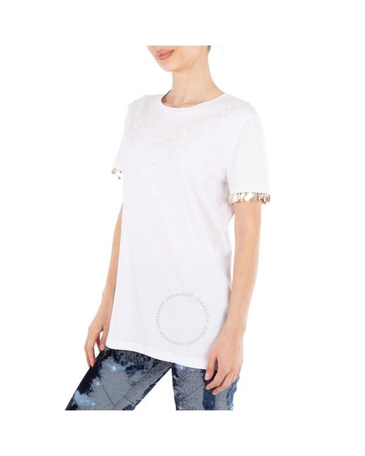 Roberto Cavalli White Optical Floral Embroidered Cotton T-shirt