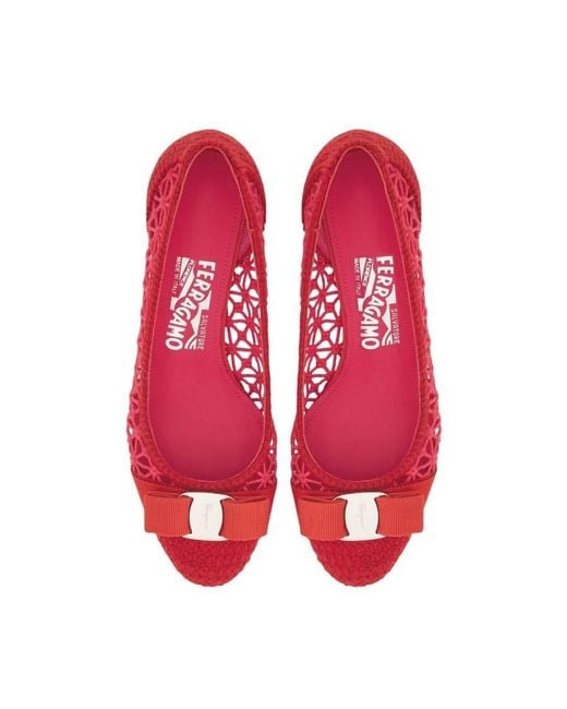 Ferragamo Red Vara Bow Crochet Pumps