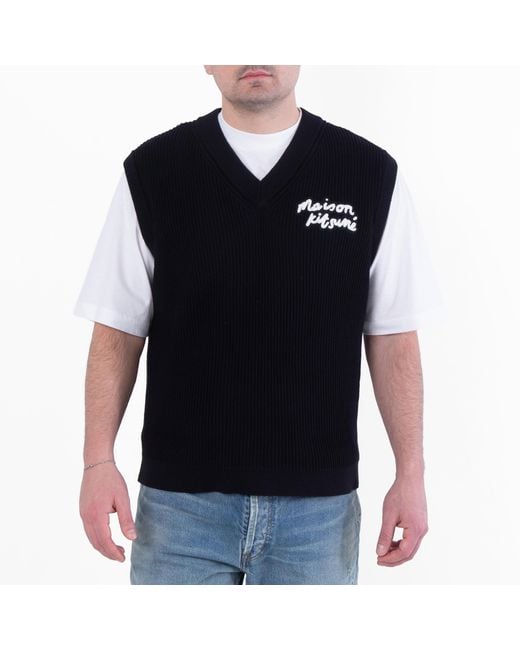 Maison Kitsuné Black Handwriting Embroidery Ribbed Knit Vest for men