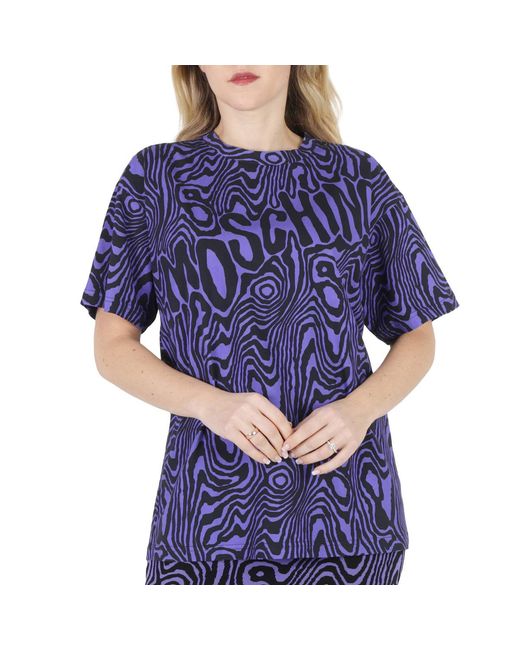 Moschino Blue Oversized Moire Effect Zebra-Print Cotton T-Shirt