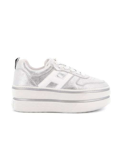 Hogan Ladies H449 Platform Sneakers In Silver And White, Brand