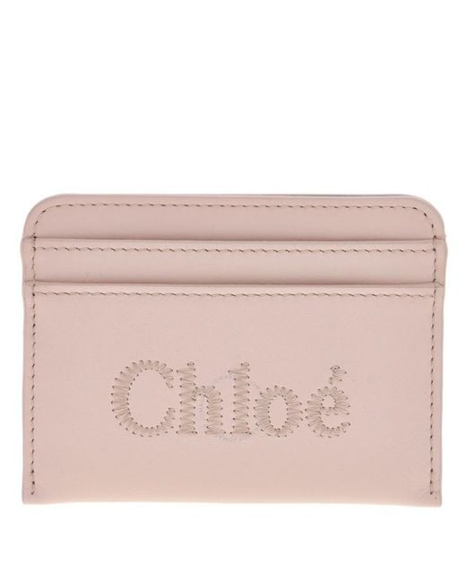 Chloé Pink Logo-Embroidered Leather Cardholder