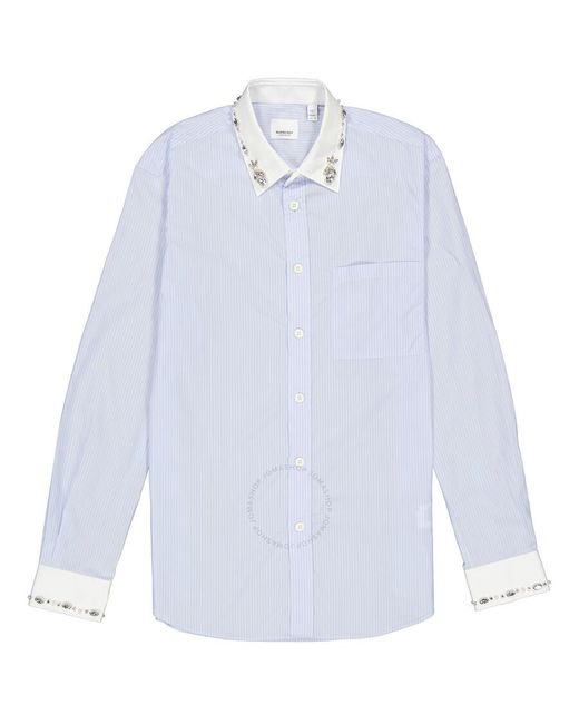 Burberry Pale Blue Camberwell Classic Fit Embellished Pinstriped Cotton Shirt for men