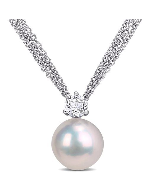 Amour Metallic 11-12Mm Cultured Freshwater Pearl And 5/8 Ct Tgw Topaz Pendant With Chain