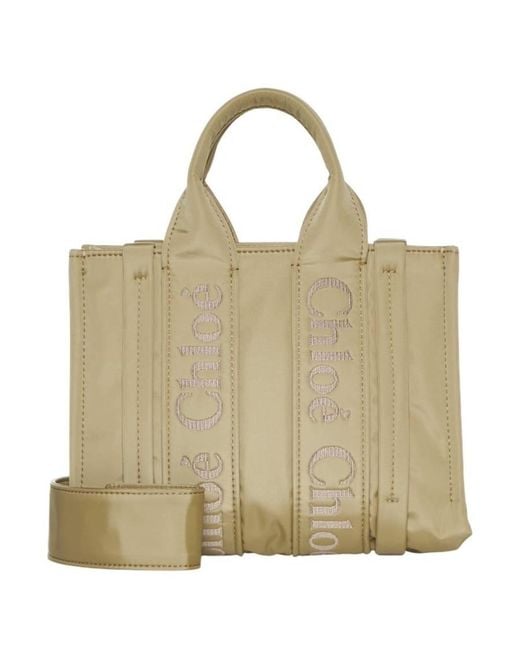 Chloé Natural Woody Logo Small Nylon Tote Bag