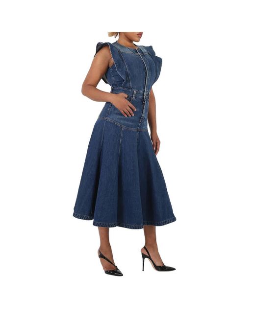 Chloé Blue Ruffled Pleated Denim Dress