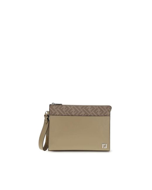 Fendi Natural Leather And Ff Canvas Clutch for men