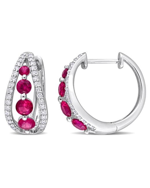 Created Forever Metallic 1 3/4Ct Tgw Created Ruby And 1/2Ct Lab-Grown Tw Diamond Hoop Earrings