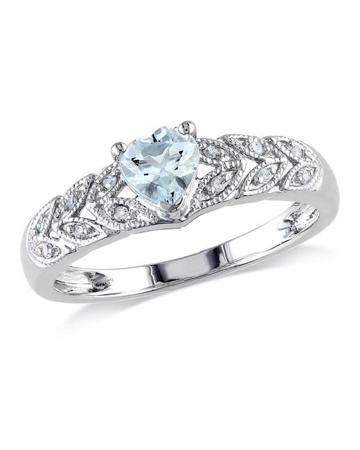 Amour Metallic Aquamarine And Diamond Accent Vintage Heart Ring