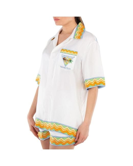 Casablanca White Afro Cubism Tennis Silk Shirt, Size X-Small