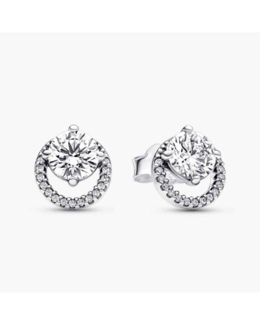 Pandora Metallic Sterling Stud Earrings With Clear Cubic Zirconia