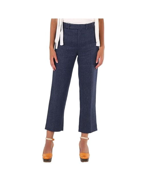 Chloé Blue Ladies Deep Ocean Cropped Tailored Linen Pants, Brand Size 42 (Us