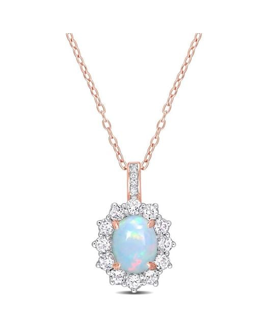 Amour Blue 2 1/6 Ct Tgw Oval Shape Ethiopian Opal And Topaz And Diamond Accent Halo Pendant With Chain