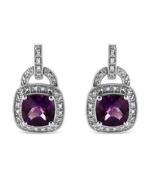Haus of Brilliance Metallic 925 Sterling 8Mm Natural Cushion Shaped Amethyst,Accent Halo With Push Back Dangle Earrings