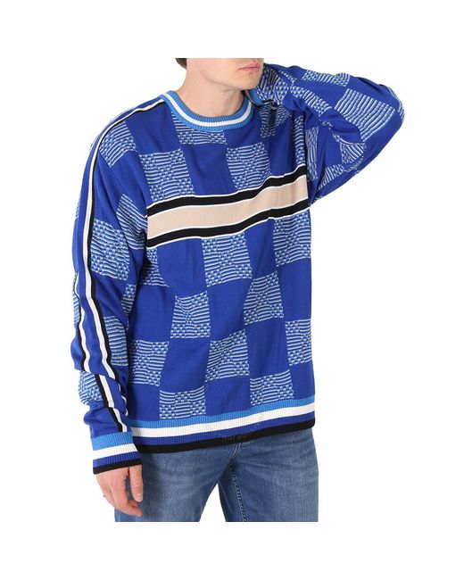 Ahluwalia Blue Merino Wool And Cotton Checkerboard Jacquard Sweater for men