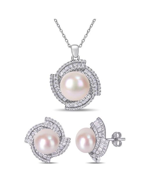 Amour White 9.5-12.5 Mm Cultured Freshwater Pearl 3 3/4 Cubic Zirconia Geometric Halo Necklace And Stud Earring Set