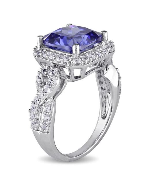 Amour Blue 6 3/4 Ct Tgw Cushion Cut Simulated Tanzanite And Created Sapphire Halo Ring for men