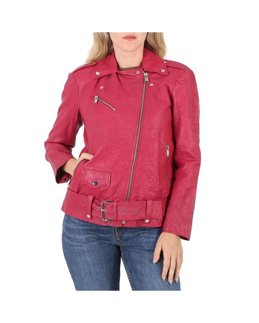 Michael Kors Red Crinkled Leather Moto Jacket