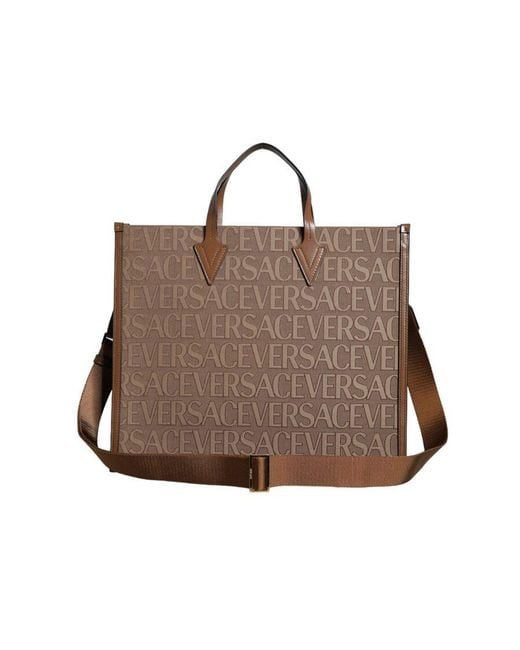 Versace Brown Top Handle Jacquard Leather Logo Crossbody Tote Bag Co Vl
