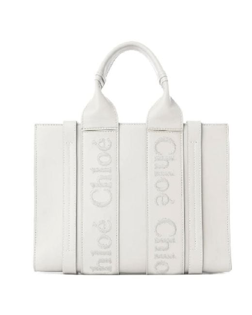 Chloé White Woody Leather Small Tote Bag