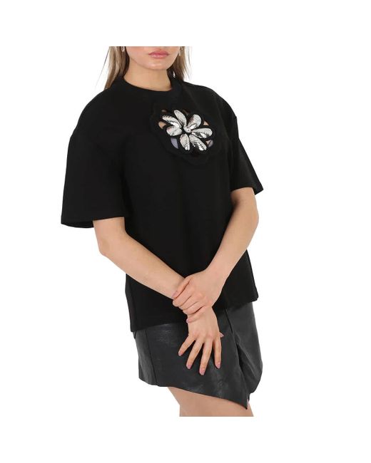Area Black Mussel Flower Embellished Cutout Jersey T-shirt