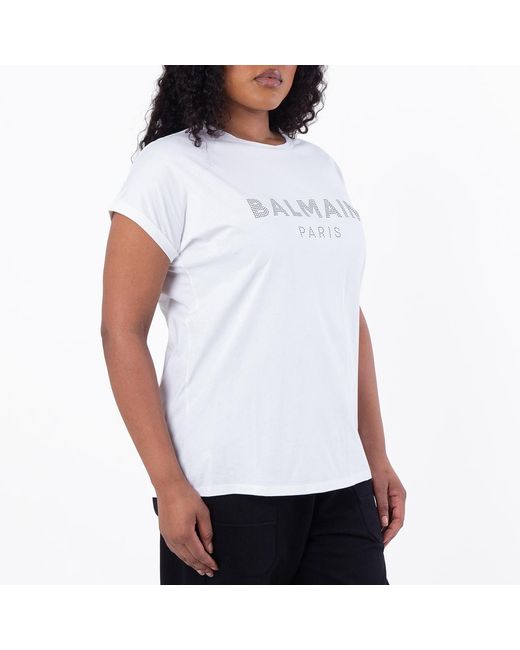 Balmain White Strass Logo Cotton T-Shirt