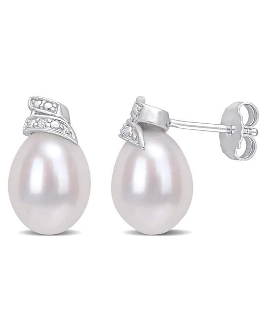 Amour White 6.5-7Mm Freshwater Cultured Pearl And Diamond Accent Swirl Stud Earrings