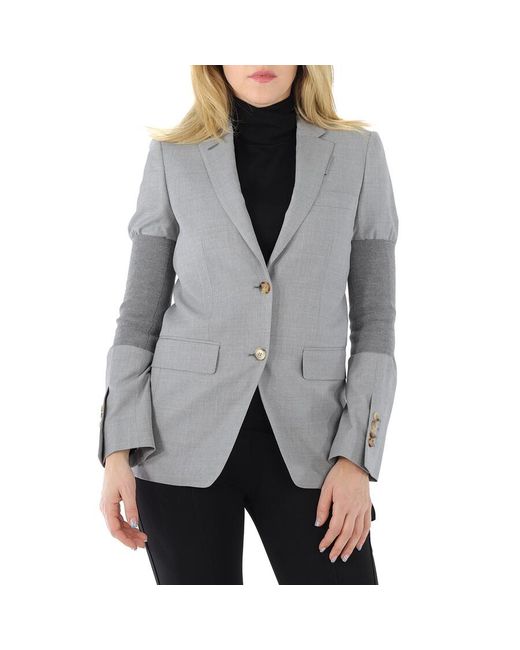 Burberry Gray Ladies Ribbed-Panel Single-Breasted Wool Blazer Jacket, Brand Size 6 (Us