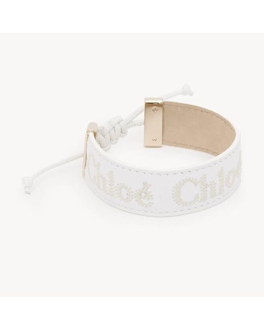 Chloé White Woody Logo Leather Bracelet