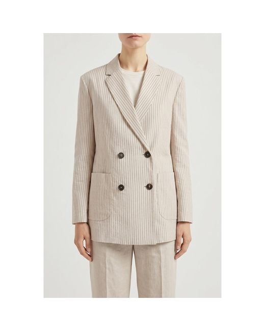 Brunello Cucinelli Natural Pinstripe Double Breasted Blazer, Brand Size 40 (Us
