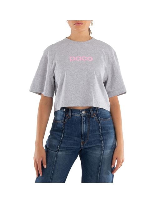Rabanne Blue Logo Print Cropped Cotton T-Shirt