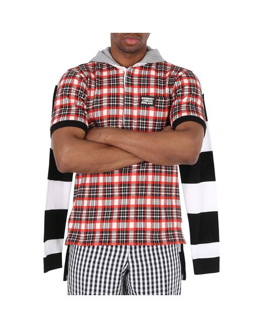 Burberry Red Plaid And Striped Cotton Remodeled Rugby Shirt for men