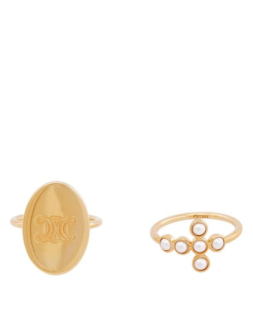 Céline Metallic Triomphe Folk Finish Brass And Resin Pearl Ring Set Of 2