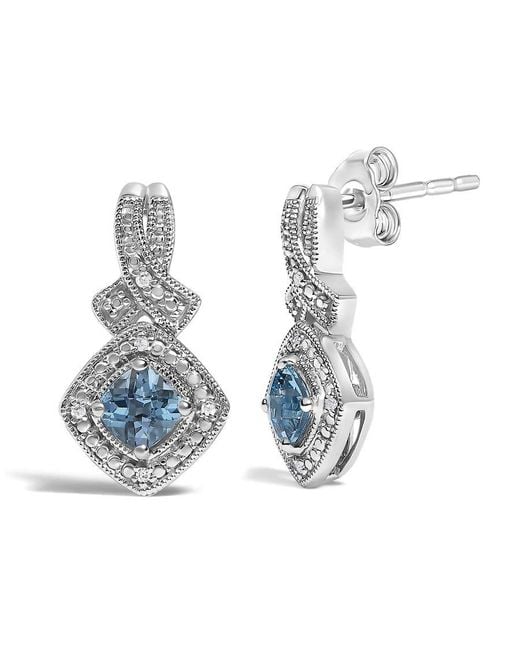 Haus of Brilliance Blue Sterling Cushion Cut Topaz And Diamond Accent Twist Motif Dangle Earrings
