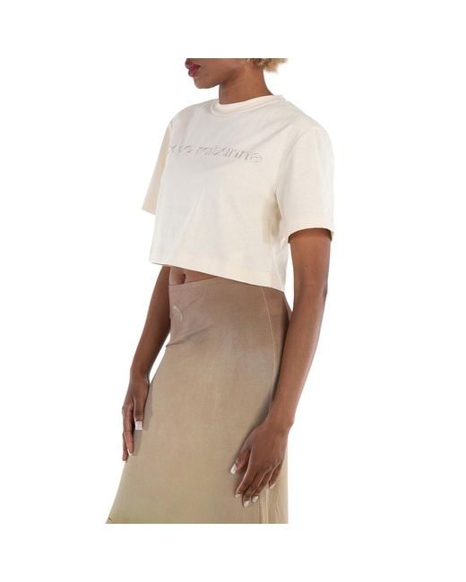 Rabanne White Ladies Nude Logo-Embroidered Cropped T-Shirt, Brand Size 38 (Us